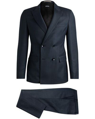 BOSS Double-breasted Slim-fit Suit In Micro-patterned Wool - Blue