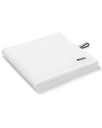 BOSS Honeycomb-cotton Bath Towel With Signature-stripe Strap - White