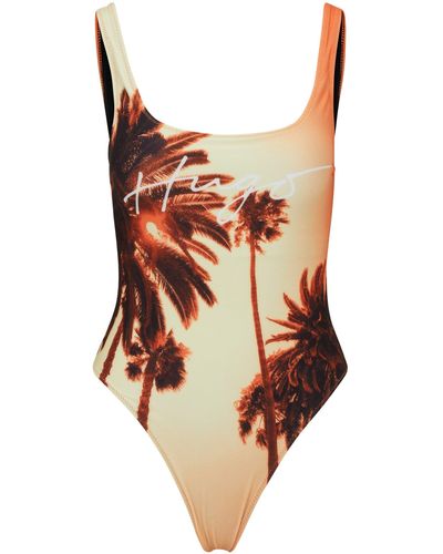 HUGO High-leg Swimsuit With Palm Print And Handwritten Logo - Brown