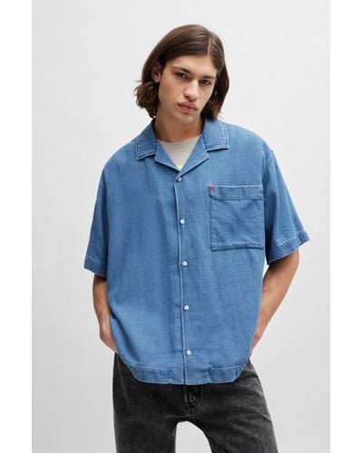 HUGO Oversized-fit Short-sleeved Shirt In Blue Cotton Denim