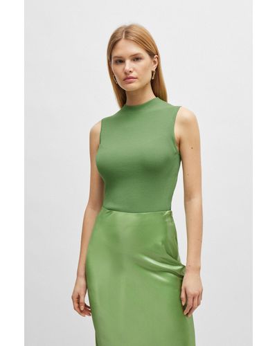 BOSS Sleeveless Mock-neck Top With Ribbed Structure - Green