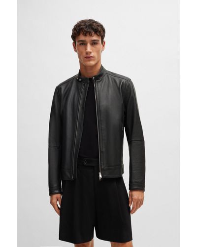 BOSS by HUGO BOSS Regular-fit Zip-up Jacket In Grained Leather - Black