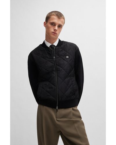 HUGO Mixed-material Jacket With Stacked-logo Trim - Black