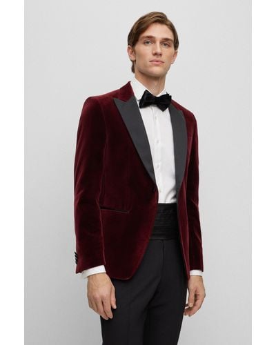 BOSS Slim-fit Tuxedo Jacket In Pure-cotton Velvet - Red