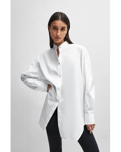 BOSS Naomi X Longline Cotton Blouse With Crinkle-free Effect - White