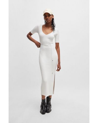 HUGO Rib-knit Midi Dress With Branded Wrap Belt - White