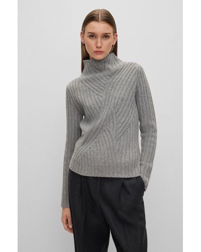 BOSS Funnel-neck Sweater In Virgin Wool And Cashmere - Gray