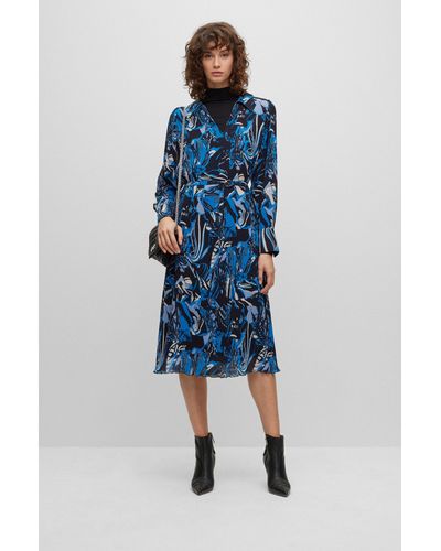 BOSS Seasonal-print Dress With Belt And V Neckline - Blue