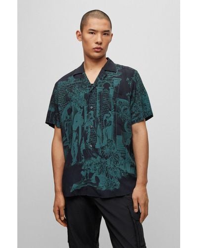 HUGO Relaxed-fit Shirt With All-over Seasonal Print - Green