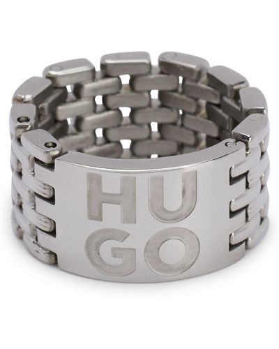 HUGO Stainless-steel Link Ring With Stacked-logo Engraving - Grey