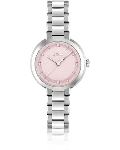 BOSS Reloj con pulsera de eslabones y esfera rosa tachonada con cristales - Blanco