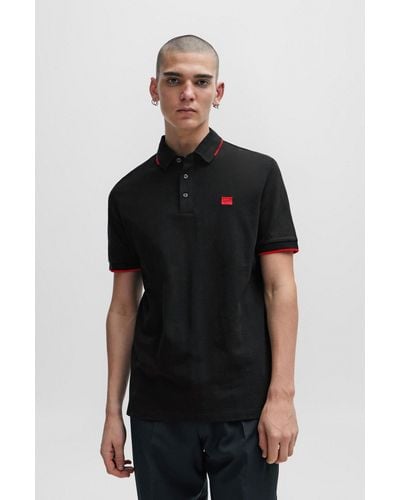 HUGO Cotton-piqué Slim-fit Polo Shirt With Red Logo Label - Black