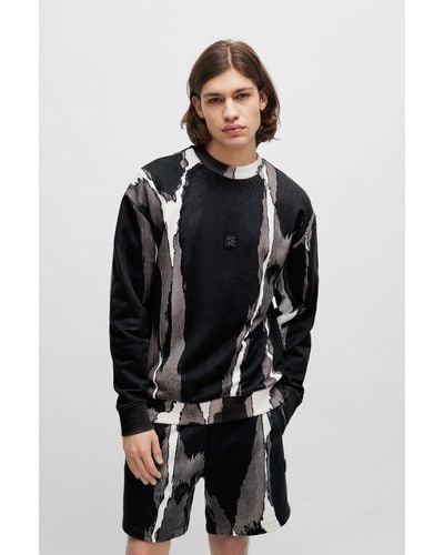HUGO Cotton-terry Sweatshirt With Seasonal Print And Stacked Logo - Black