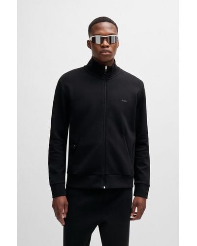 BOSS Stretch-cotton Zip-up Sweatshirt With Logo Print - Black