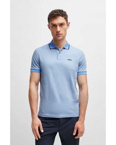 BOSS Cotton Polo Shirt With Popcorn-structure Stripe - Blue