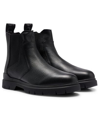 HUGO Grained-leather Chelsea Boots With Logo Tape - Black