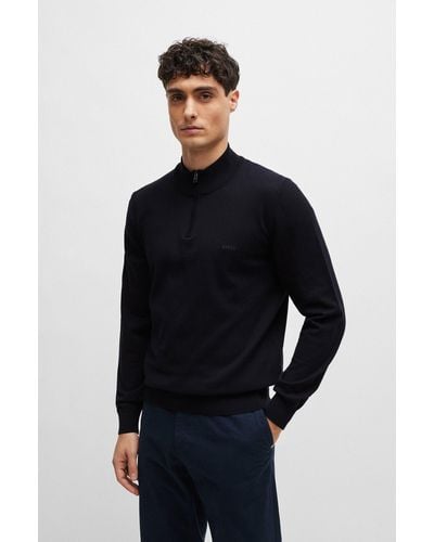 BOSS Logo-embroidered Zip-neck Sweater In Cotton Jersey - Blue