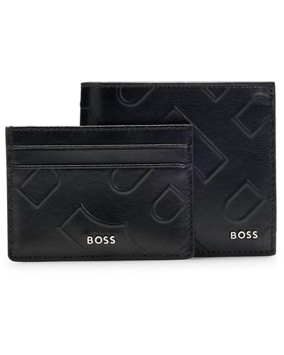 BOSS by HUGO BOSS Monogram-emed Leather Card Case And Wallet Gift Set - Black