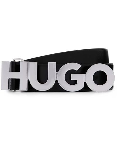 HUGO Italian-leather Belt With Logo Buckle - Black