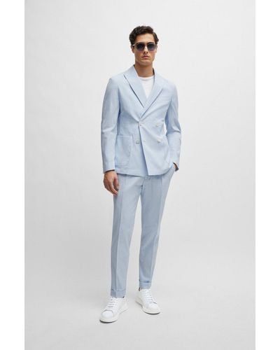 BOSS Slim-fit Suit In Striped Stretch-cotton Seersucker - Blue