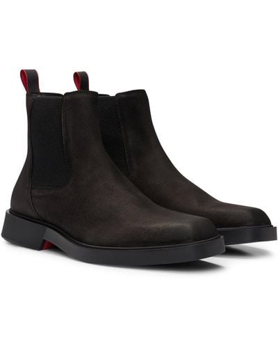 HUGO Square-toe Chelsea Boots In Suede With Signature Details - Black