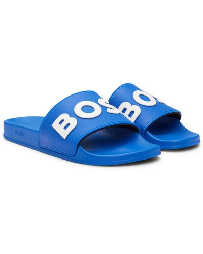 BOSS In Italië Vervaardigde Slippers Met Verhoogd Logo - Blauw