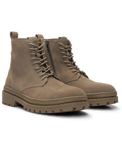 BOSS Suede Lace-up Boots With Rubber Outsole - Brown