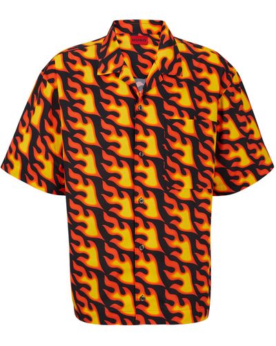 HUGO Oversized-fit Overhemd Met Korte Mouwen En Seizoensprint - Oranje