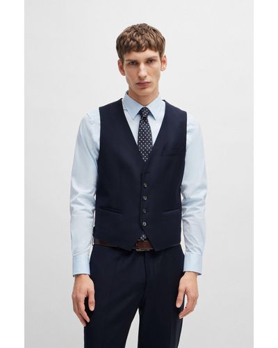 BOSS Slim-fit Waistcoat In Virgin Wool With Stretch - Blue