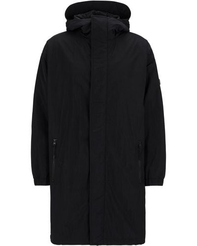 HUGO Wasserabweisender Relaxed-Fit Mantel mit gummiertem Logo-Etikett - Schwarz