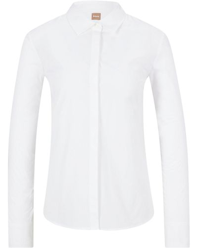 BOSS Regular-Fit Bluse aus elastischer Baumwoll-Popeline - Weiß