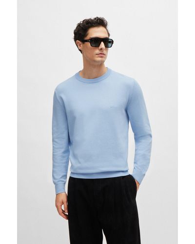 BOSS Jersey de algodón con cuello redondo y logo bordado - Azul