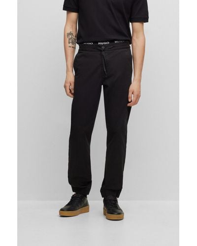 HUGO Cuffed Slim-fit Pants In Stretch-cotton Gabardine - Black