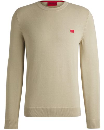 HUGO Knitted Cotton Jumper With Red Logo Label - Natural