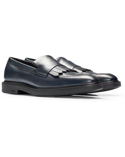 BOSS Apron-toe Loafers In Leather With Fringe Trim - Blue