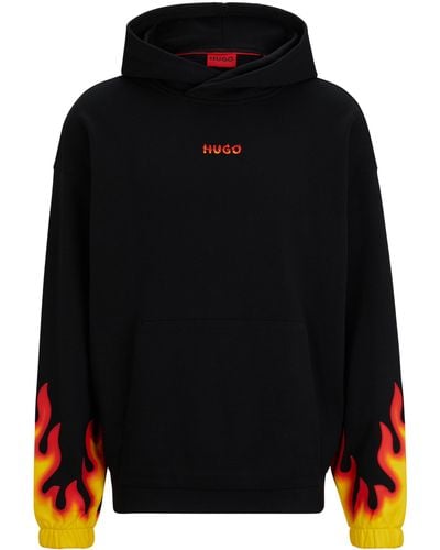 HUGO Hoodie aus Baumwoll-Terry mit gepufftem Flammen-Logo - Schwarz