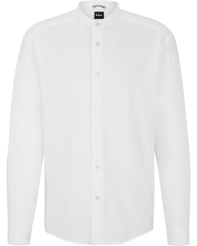 BOSS Kragenloses Relaxed-Fit Hemd aus Baumwoll-Mix mit Bouclé-Struktur - Weiß