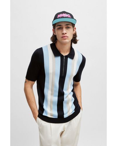 HUGO Zip-neck Polo Jumper With Vertical Stripes - Black