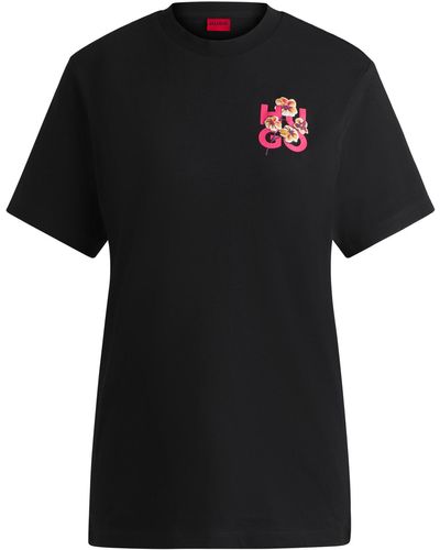 HUGO Relaxed-fit T-shirt In Cotton With Floral Logo Artwork - Black