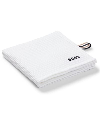 BOSS Honeycomb-cotton Hand Towel With Signature-stripe Strap - White