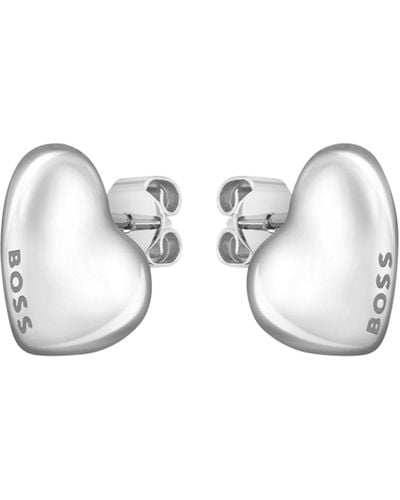 BOSS Herzförmige, silberfarbene Ohrringe mit Logo-Details - Weiß