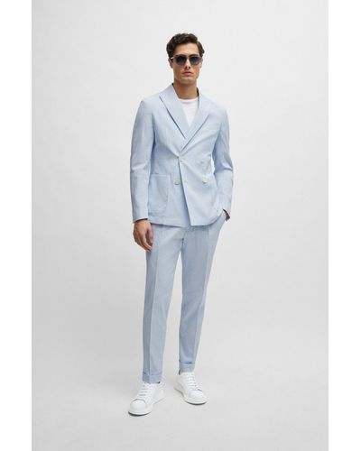 BOSS Costume Slim Fit en seersucker de coton stretch à rayures - Bleu