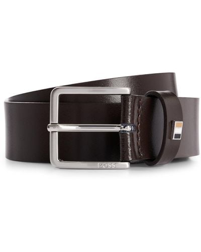 BOSS Italian-leather Belt With Signature-stripe Keeper Trim - Black