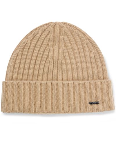 BOSS Ribbed Beanie Hat In Cashmere - Natural