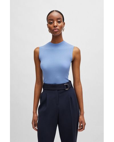 BOSS Sleeveless Mock-neck Top With Ribbed Structure - Blue