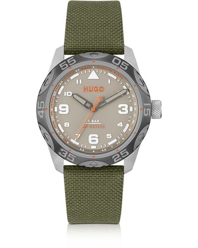 HUGO Grey-dial Watch With Green Fabric Strap Men's Watches
