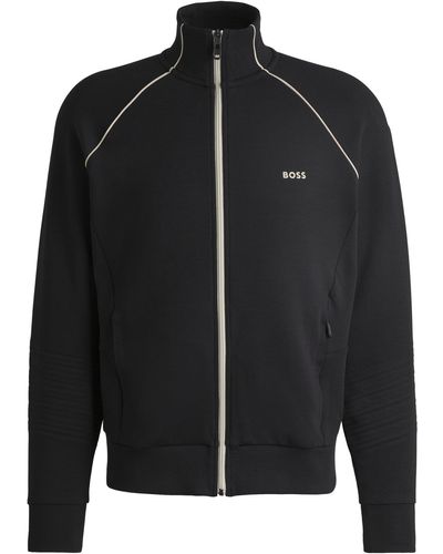 BOSS Stretch-cotton Zip-up Sweatshirt With Piping And Branding - Black