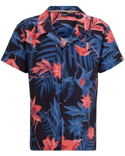 BOSS Regular-fit Beach Shirt With Seasonal Print - Blauw