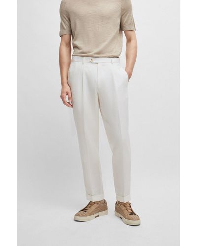 BOSS Relaxed-fit Trousers In Herringbone Linen And Silk - White