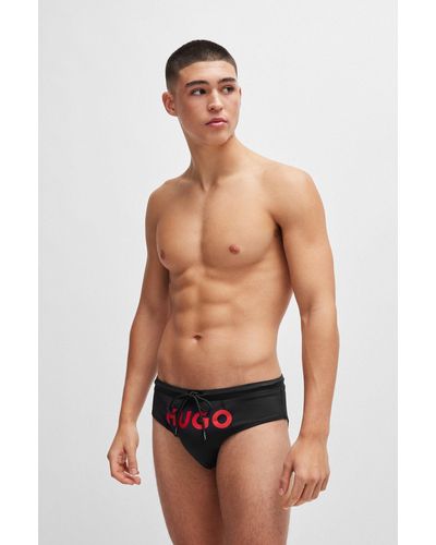 HUGO Stretch-jersey Swim Briefs With Foil-print Logo - Black